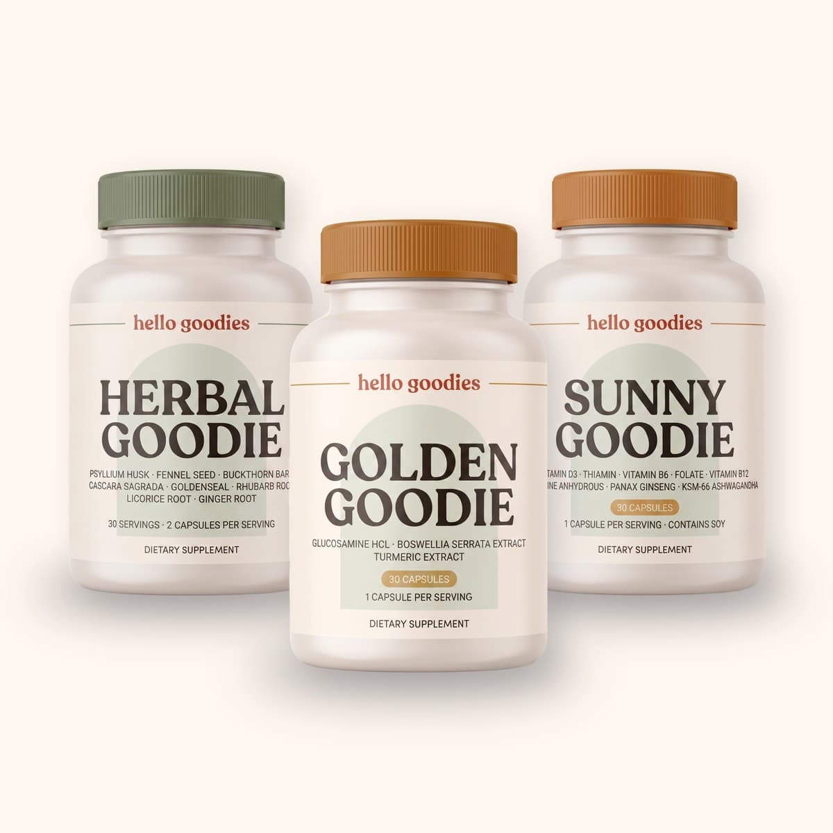 Hello Goodies three-bottle set, Herbal Goodie, Golden Goodie and Sunny Goodie