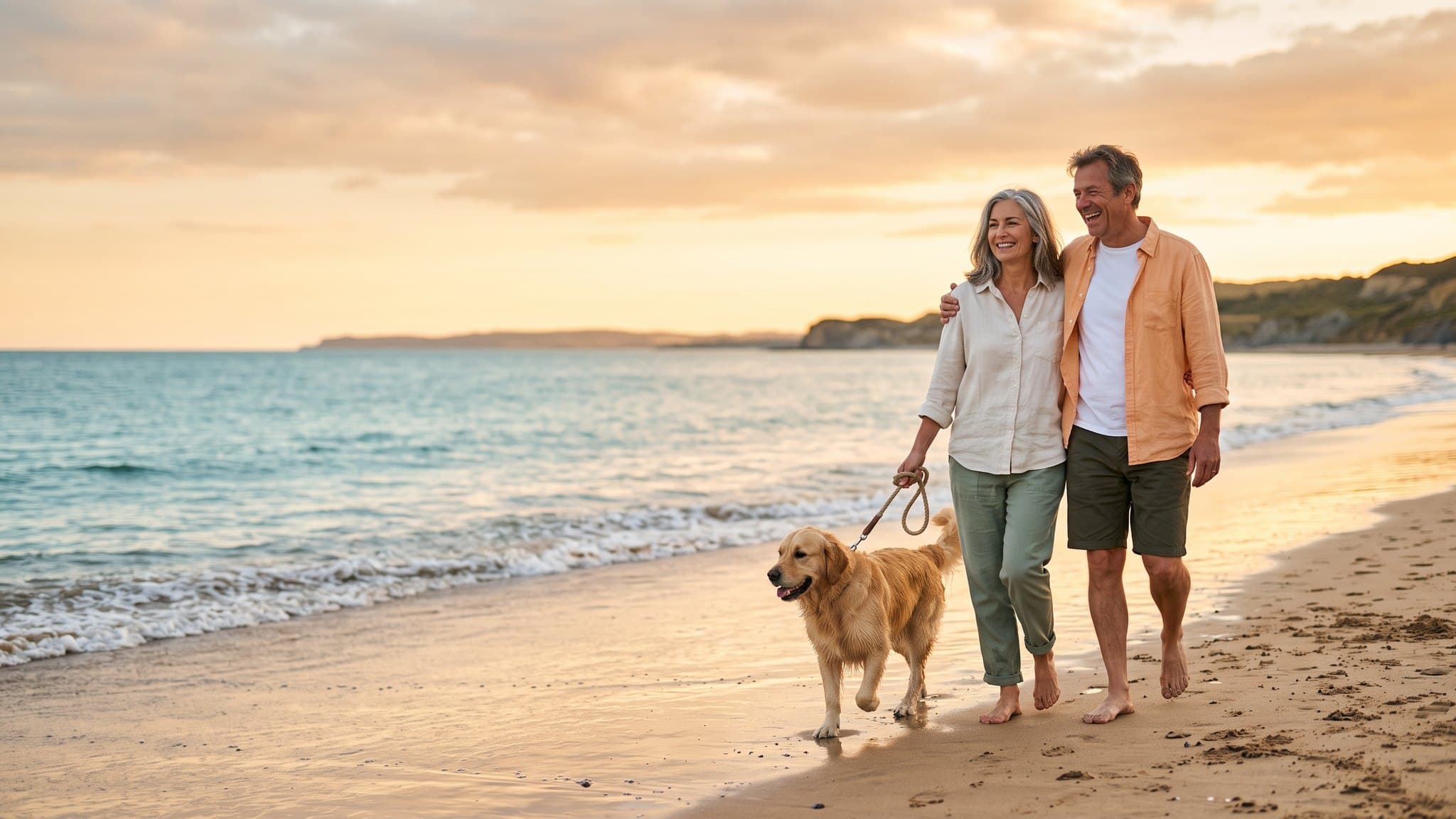 A couple walking a golden retriever along a beach at golden hour