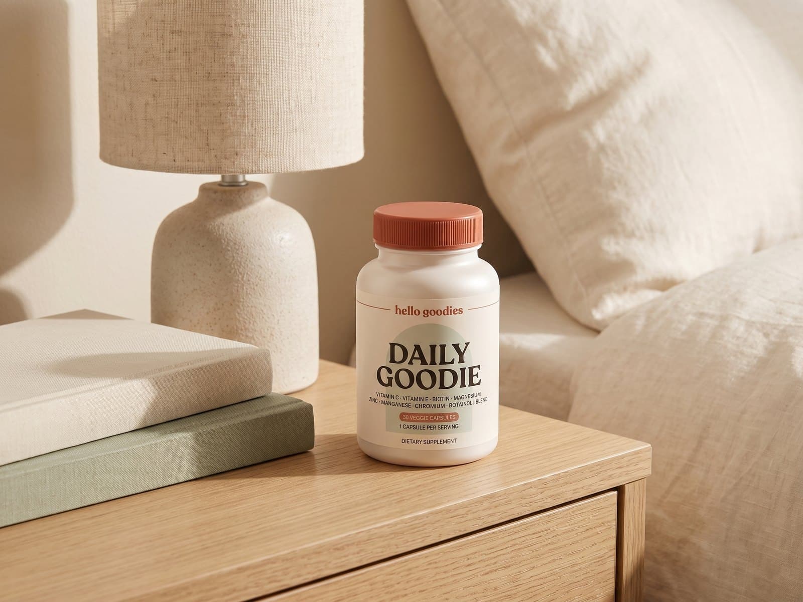 A Hello Goodies Daily Goodie bottle on a bedside table beside a stack of books and a lamp