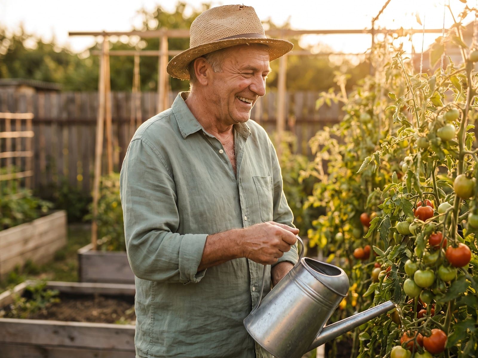 A man in a straw hat watering tomato plants in a sunny garden