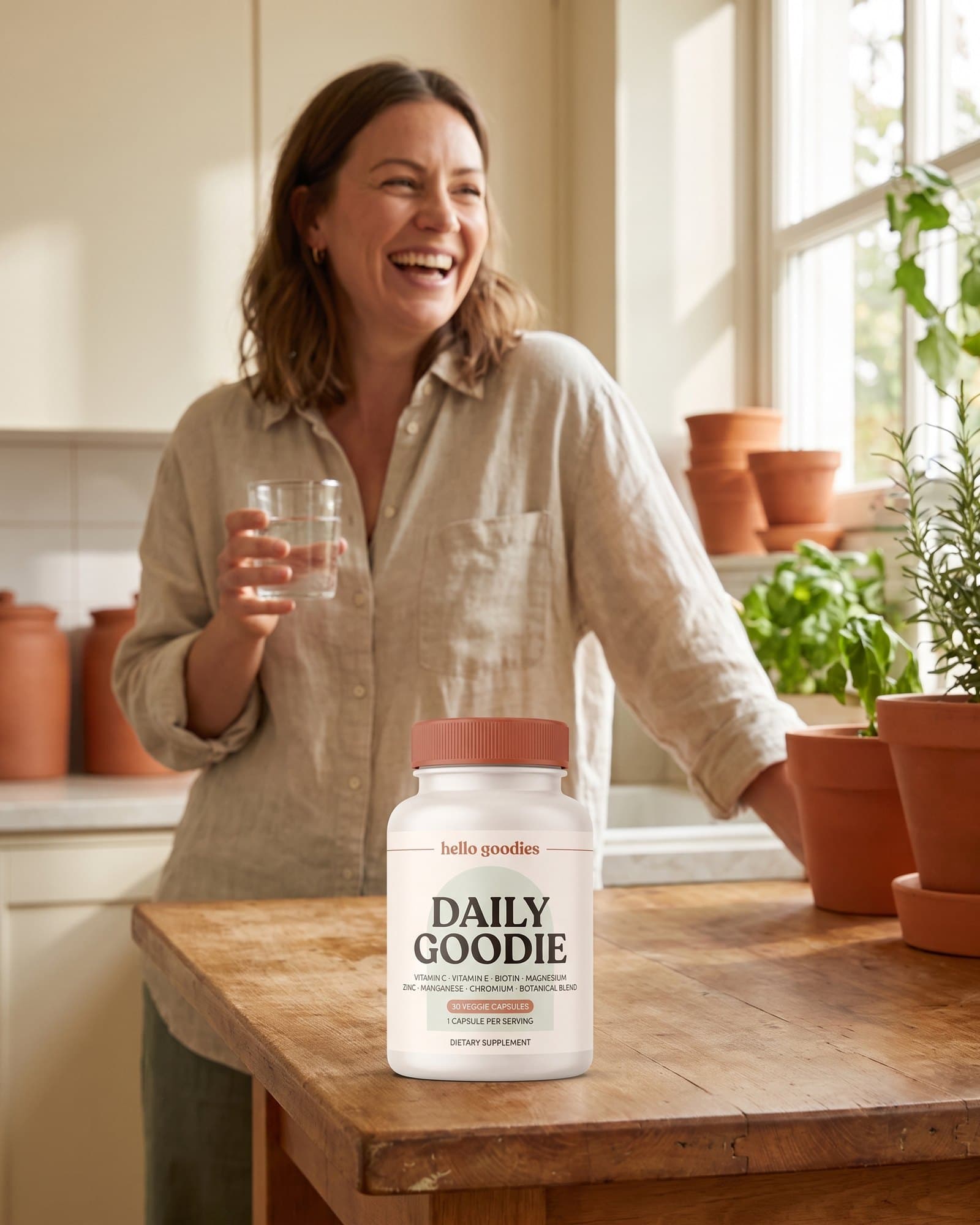 A woman pouring a glass of water in a sunny kitchen, with a Hello Goodies Daily Goodie bottle on the counter
