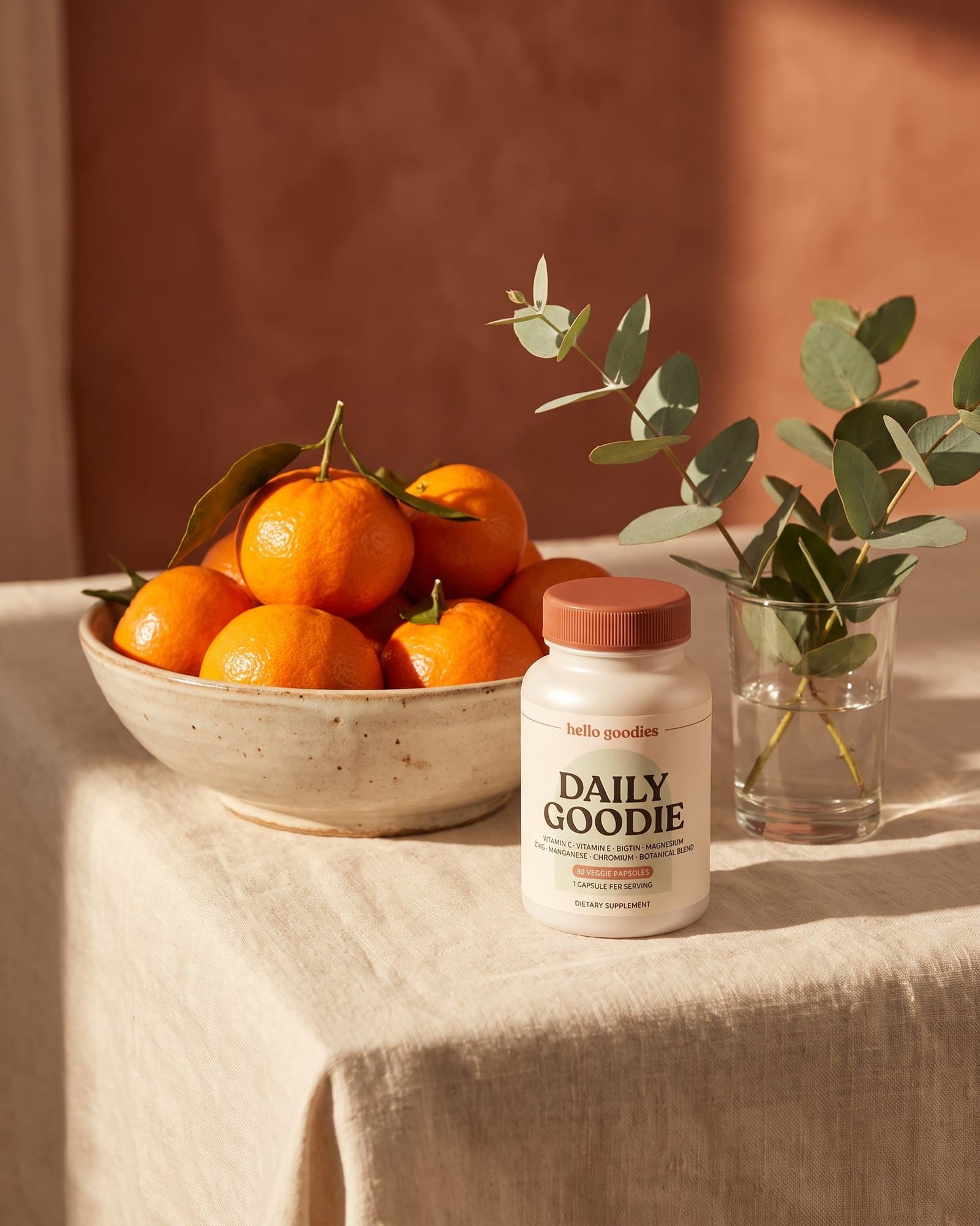 A Hello Goodies Daily Goodie bottle on a linen tablecloth beside a bowl of clementines