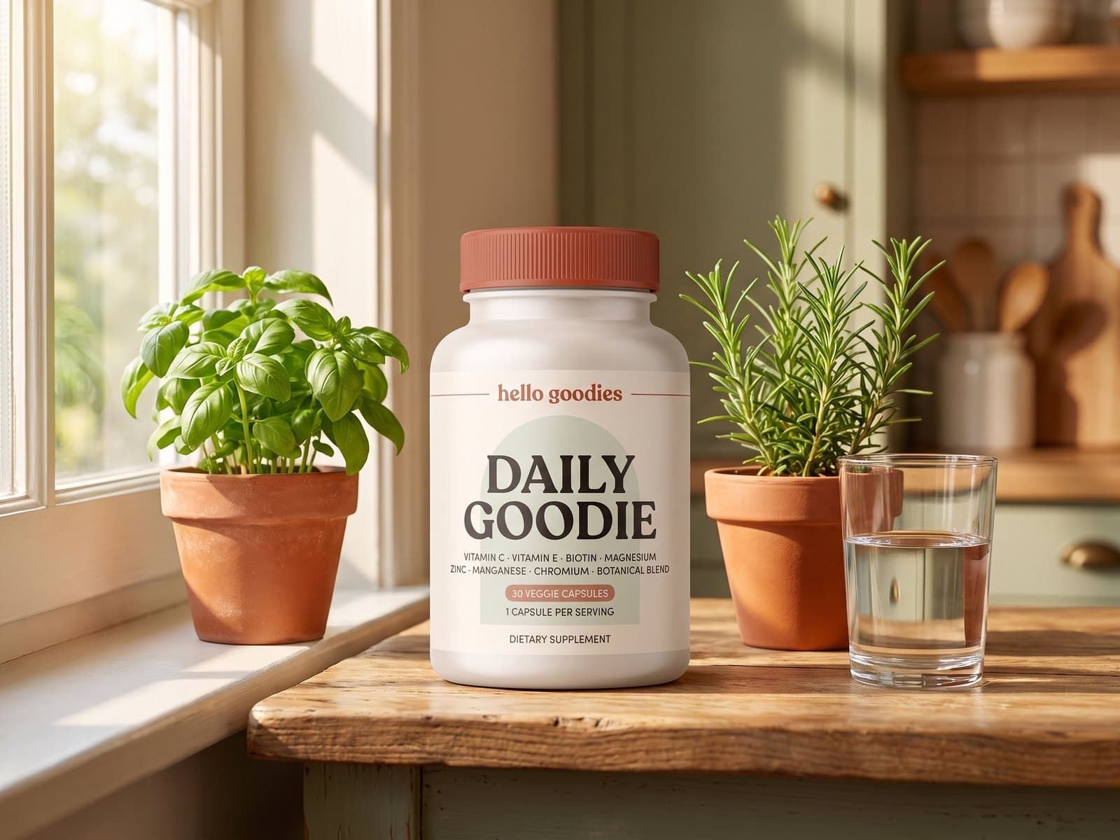 A Hello Goodies Daily Goodie bottle on a kitchen windowsill between two pots of herbs